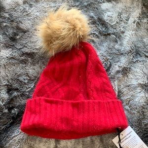 Halogen Red Chili Cashmere Beanie with Fur Ball